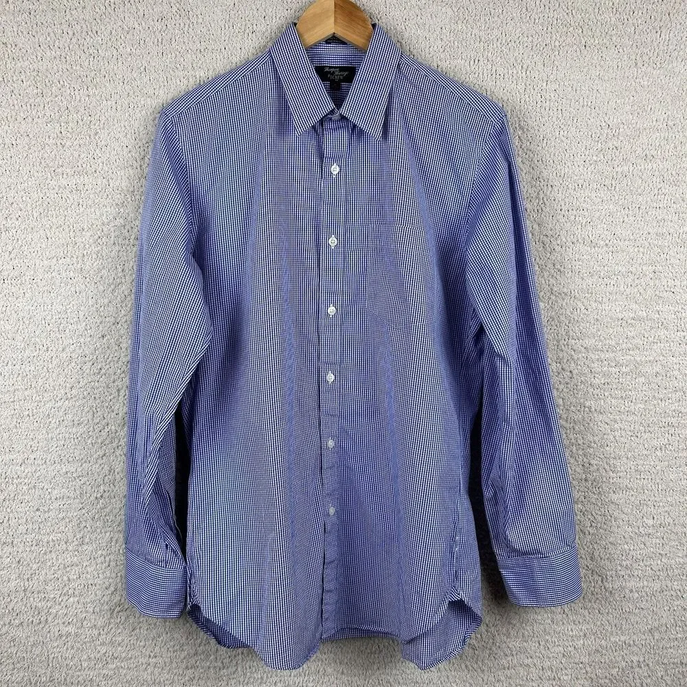 Thompson Shirtings by J.Crew Shirt Mens M Blue Micro Plaid 80s 2 Ply Long Sleeve